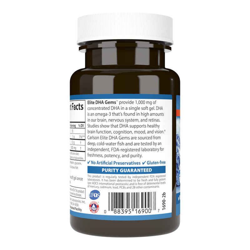 [Australia] - Carlson - Elite DHA Gems, 1000 mg DHA, Supports Healthy Brain Function & Vision, 30 soft gels 