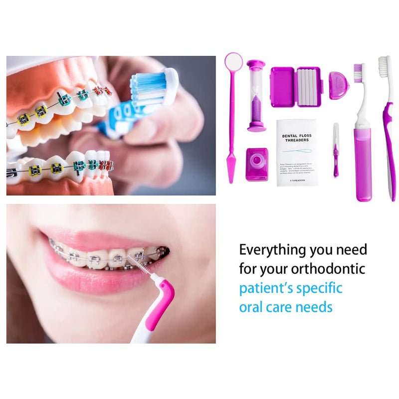 Wenge Portable Orthodontic Oral Care Kit - 2Pack - Travel Kit for Patients, Interdental Brushing Wax Floss Toothbrush Cleaning(Purple & Blue) Purple_Blue