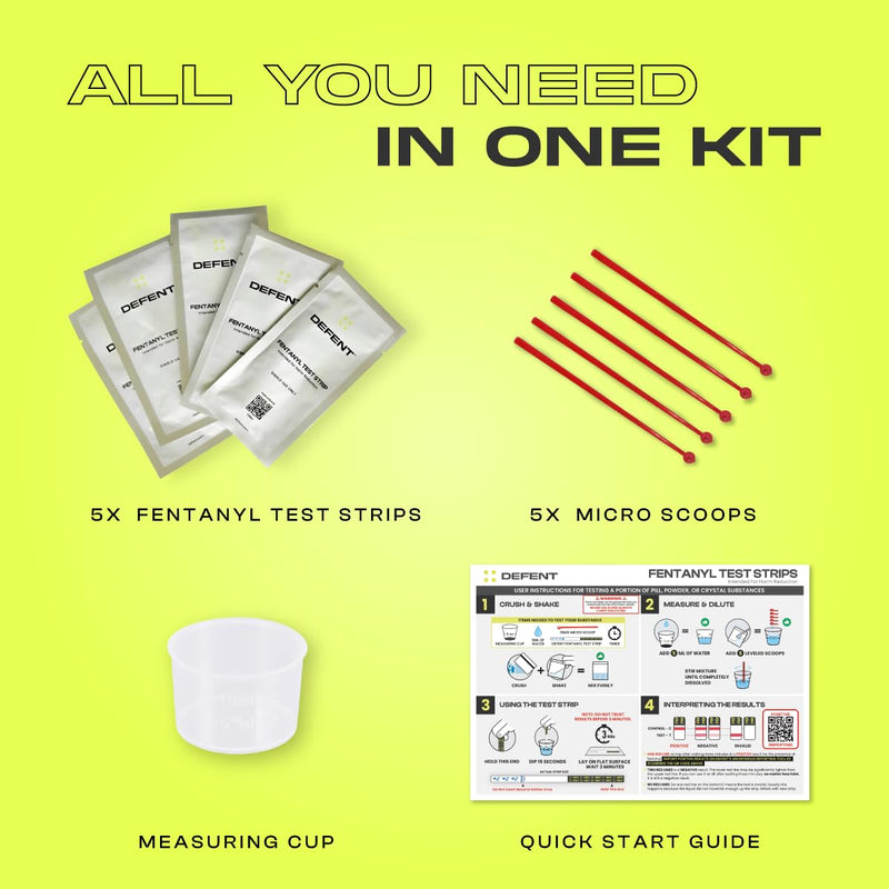 DEFENT at-Home Fentanyl Test Strip Kit – 5-Pack for Fast, Accurate Testing – Results in 3 Minutes – Includes Micro Scoop - Measuring Cup - Portable and Easy-to-Use Drug Test Safety Solution