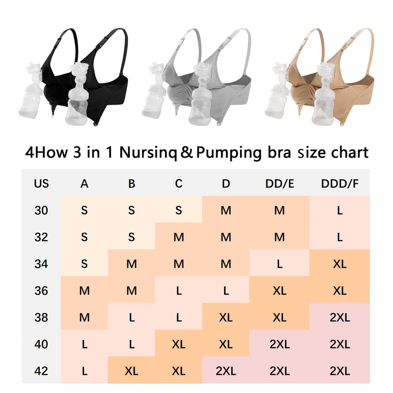 [Australia] - 4HOW Pumping Bra Hands Free Maternity Bras for Breastfeeding Pumping and Nursing Bra in One Comfort Smooth,Great Support X-Large Black+grey+beige 