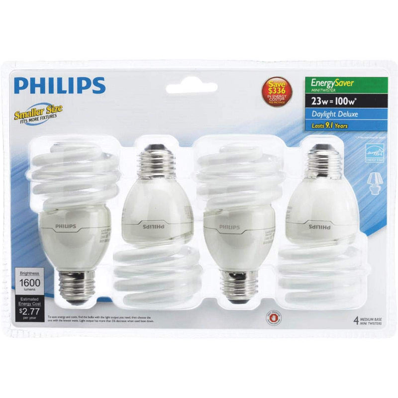 Philips LED 433557 Energy Saver Compact Fluorescent T2 Twister (A21 Replacement) Household Light Bulb: 6500-Kelvin, 23-Watt (100-Watt Equivalent), E26 Medium Screw Base, Daylight Deluxe, 4-Pack 4 Count (Pack of 1) 23W (100-Watt Equivalent)