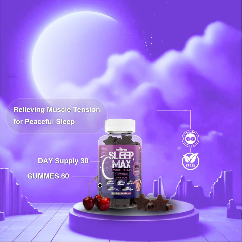 Sleep Max 5 HTP, Co Q10, L-Taurine, Magnesium, Chamomile Extract, Mont Cherry Extract and Vitamin B6 with Soothing Cherry Flavour Gummies