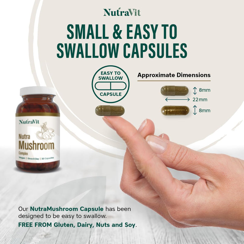 NutraMushroom - Comprehensive Mushroom Complex, with 6000mg of Shiitake, Maitake, Reishi, Chaga, Cordyceps and Lion’s Mane - with Added Vitamin C, D & Zinc - NutraVit, 30 Capsules