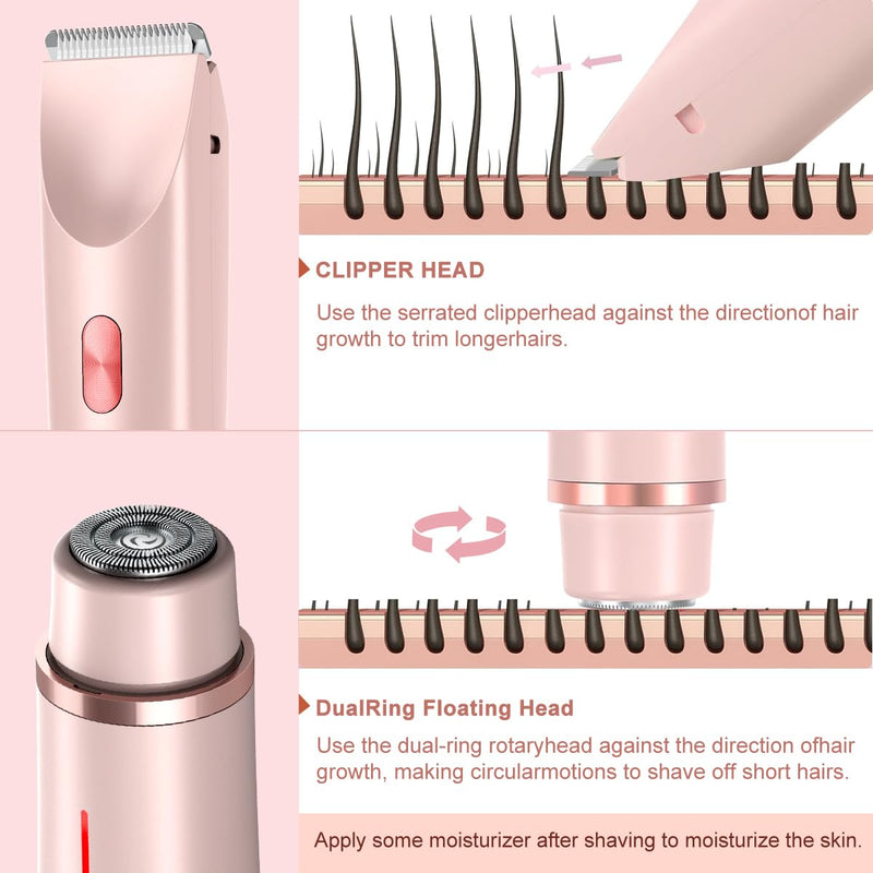 Women's Electric Shaver Bikini Trimmer for Women Razors 2-in-1 Dual Head Design IPX7 Waterproof Wet & Dry Use Body Groomer Hair Trimmer Remover for Facial Underarm Arm Face Leg Bikini (Pink) Pink