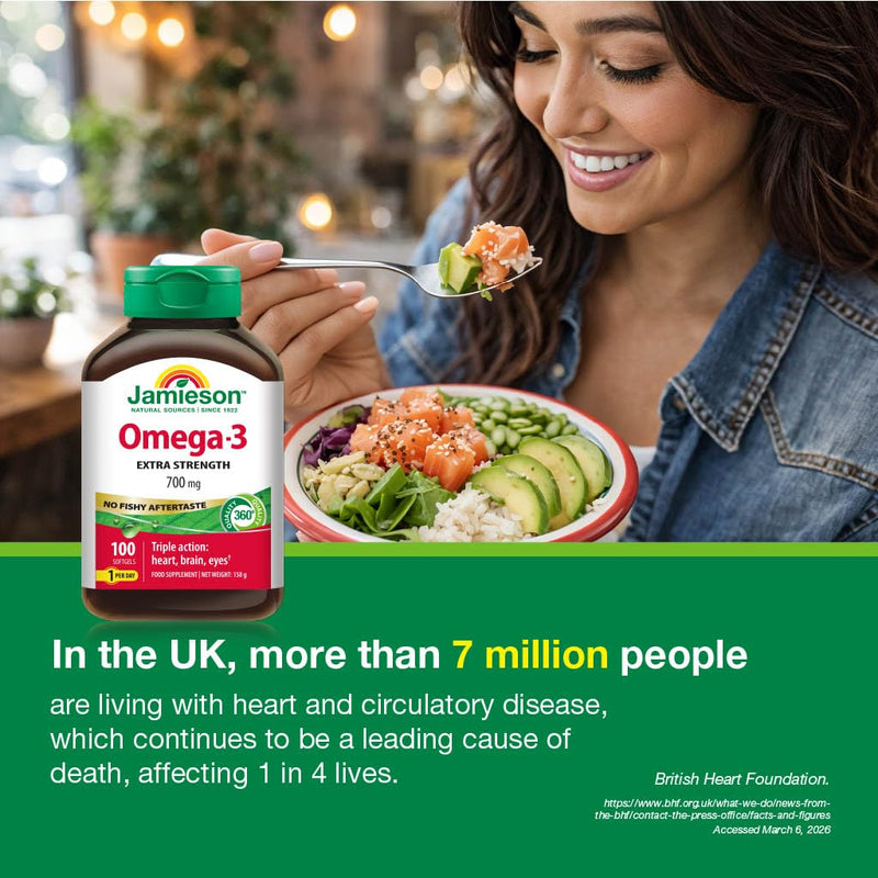 Jamieson Omega-3 Extra Strength 1,165mg Fish Oil with 420 mg EPA + 280 mg DHA, Heart, Brain & Eye Support, 100 Softgels, 3 Months Supply