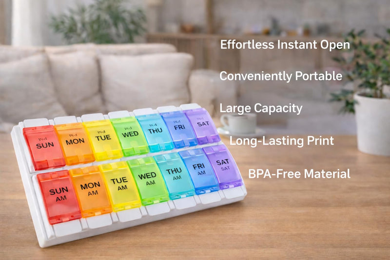 Weekly Pill Organizer 2 Times a Day, 7 Day AM PM Pill Box with Easy Push Button, Separate Morning & Evening Trays, Large Capacity Medicine Organizer for Vitamins, Fish Oil & Supplements, BPA-Free