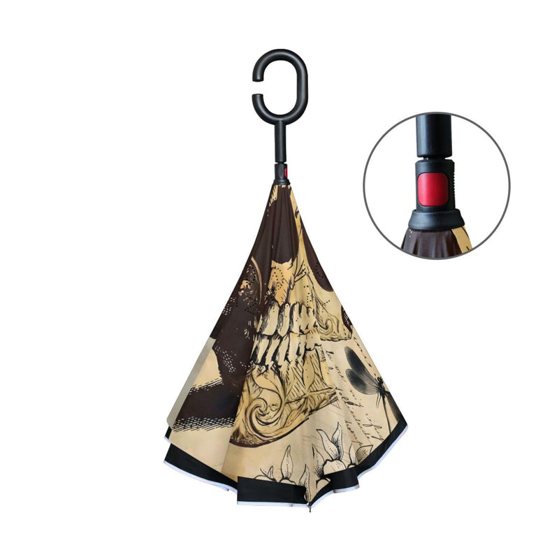 ALAZA Vintage Tattoo Skull Windproof Inverted Open Close Reverse Rain Umbrella Inside Out Quality Waterproof Parasol Upside Down Stick Shelter with Hook c Handle multi 5 one size