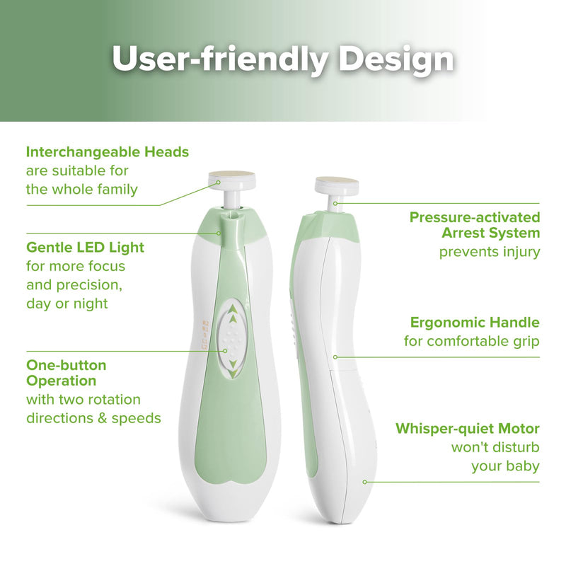 [Australia] - haakaa Baby Nail File Electric Baby Nail Care Set with LED Light, Baby Nail Clippers for Newborn/Infants/Adults Toenails and Fingernails, 6 Replacement Heads & Storage Case, Green 