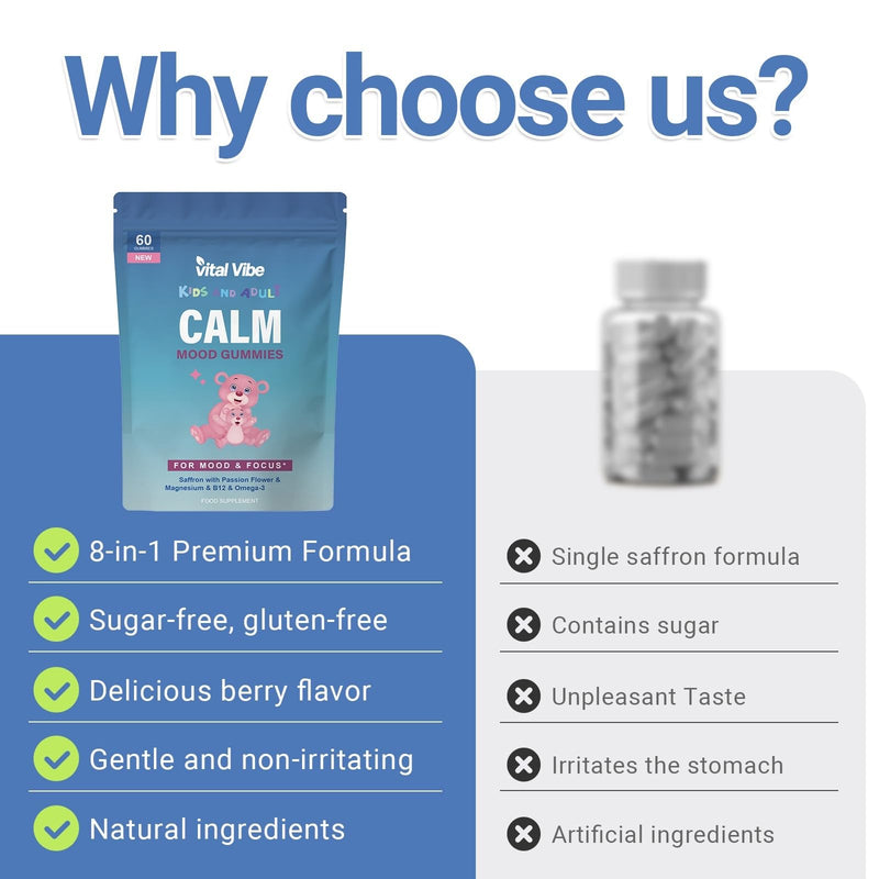 Calm Mood Gummies for Kids & Adults | Saffron, Passion Flower, Magnesium, Omega-3, B12 | Supports Mood & Focus | 60 Raspberry Flavour Gummies | Vegan & Gluten Free