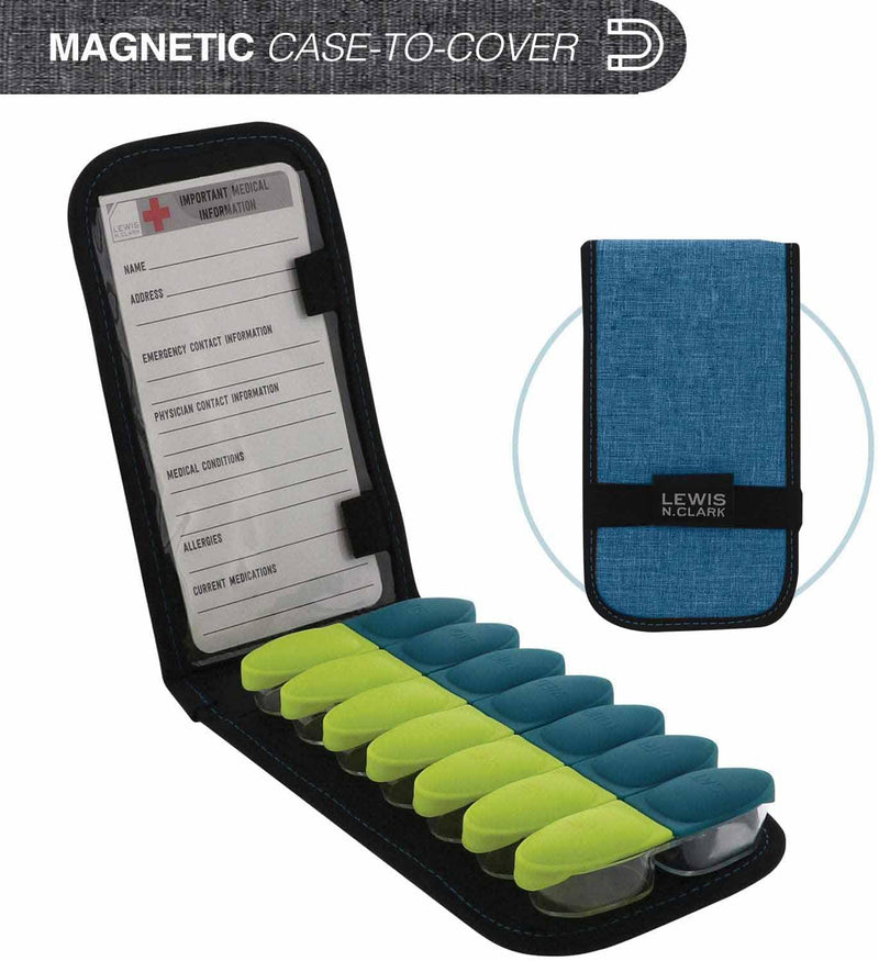 Lewis N. Clark Magnetic Folding Pill Organizer Supplement Case for OTC Medicine, Prescription Vitamins-14 Slots, Turquoise