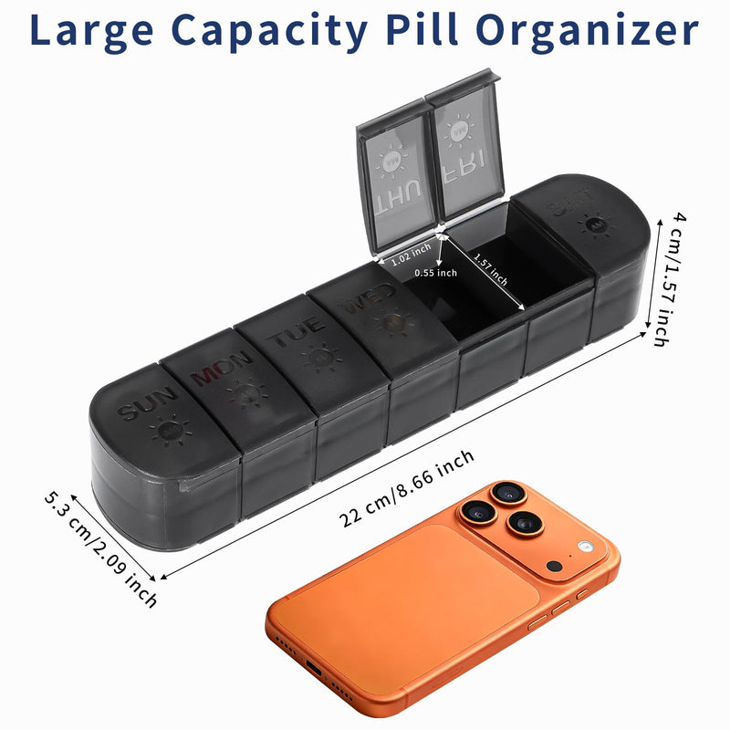 XL Weekly Pill Organizer AM PM Large Container Portable for Supplements | Day and Night,Black 7 Day Pill Case 2 Times a Day,Vitamin Holder Organizer,Travel Daily Pill Box for Fish Oil &Gummies Black