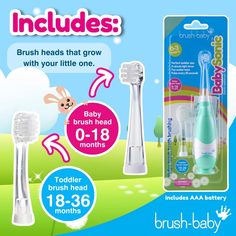 [Australia] - brush-baby BabySonic Infant and Toddler Electric Toothbrush for Ages 0-3 Years - Smart LED Timer and Gentle Vibration Provide a Fun Brushing Experience - includes 2 Sensitive Brush Heads (Teal) Teal 