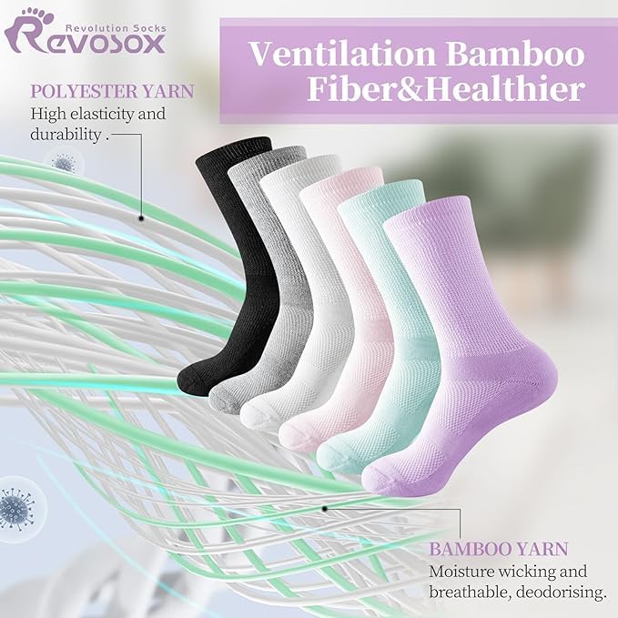 [Australia] - Revosoxs Diabetic Socks with Grippers for Men Women,5 Pairs Socks size 6-9 9-12 Black/Grey/Skyblue/Purple/Pink Large 