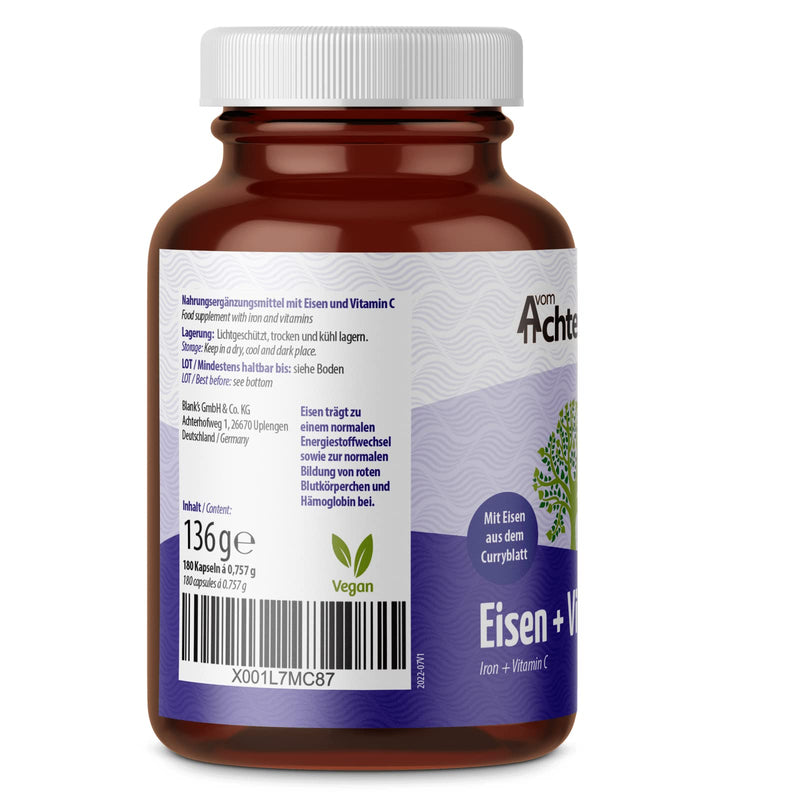 [Australia] - Iron capsules 180 pieces | Iron from curry leaf extract | Vitamin C from rose hips | 100% vegan | from the aft yard 