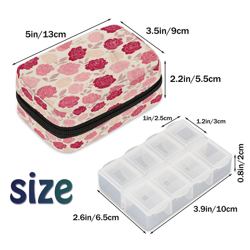 Weekly Travel Pill Organizer Case for Purse with Removable 7 Day Box Portable Compact Size Pill Box Fashionable Pill Container for Medicine Vitamin Supplement Rose Pink Flower A03:rose