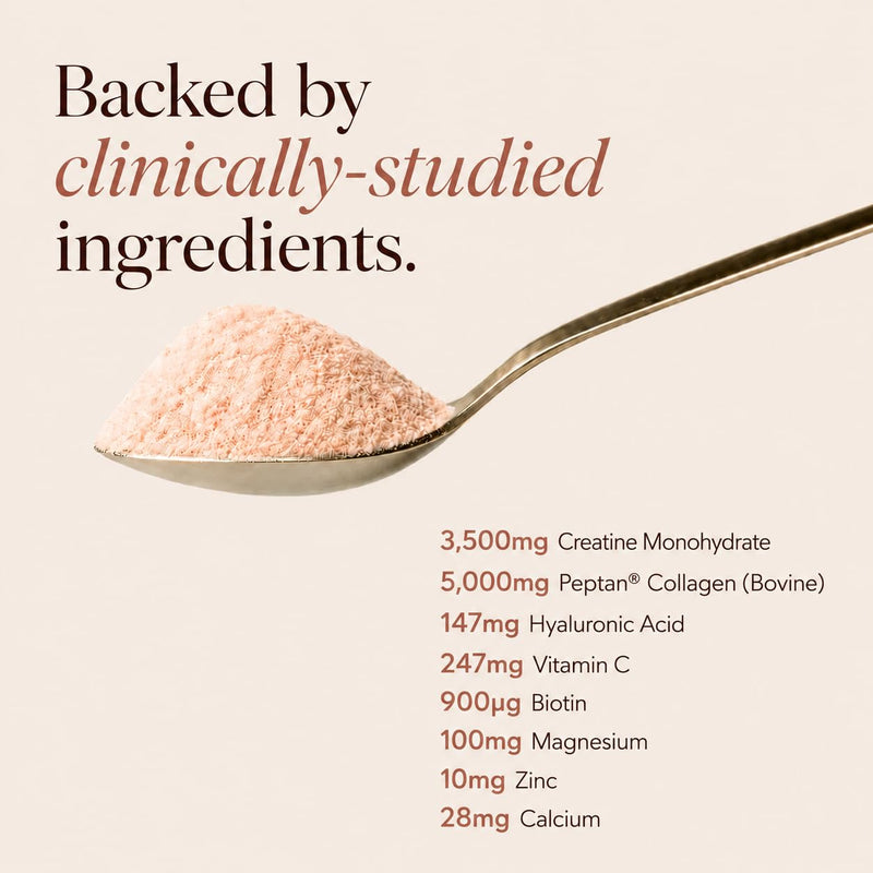 Strength + Glow, 8 in 1 Blend with Creatine monohydrate Powder, Peptan® Collagen Powder, Biotin, Hyaluronic Acid, Vitamin C, Magnesium, Calcium, Zinc. Creatine for Women