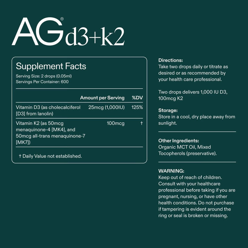 AG1 Vitamin D3 + K2 Liquid Drops | Vitamin D & K Blend | Daily Bone Support | Supports Immune, Heart, and Bone Health With Highly Bioavailable Nutrients in an Easy-to-Use, Vegan Formula 1 Fl Oz (Pack of 1)