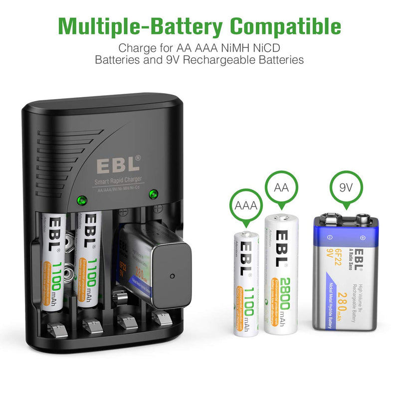 EBL Rechargeable AAA Batteries, 4-Pack Triple AAA Battery and AA AAA Battery Charger with Foldable AC Power Plug 4 AAA Battery + Charger