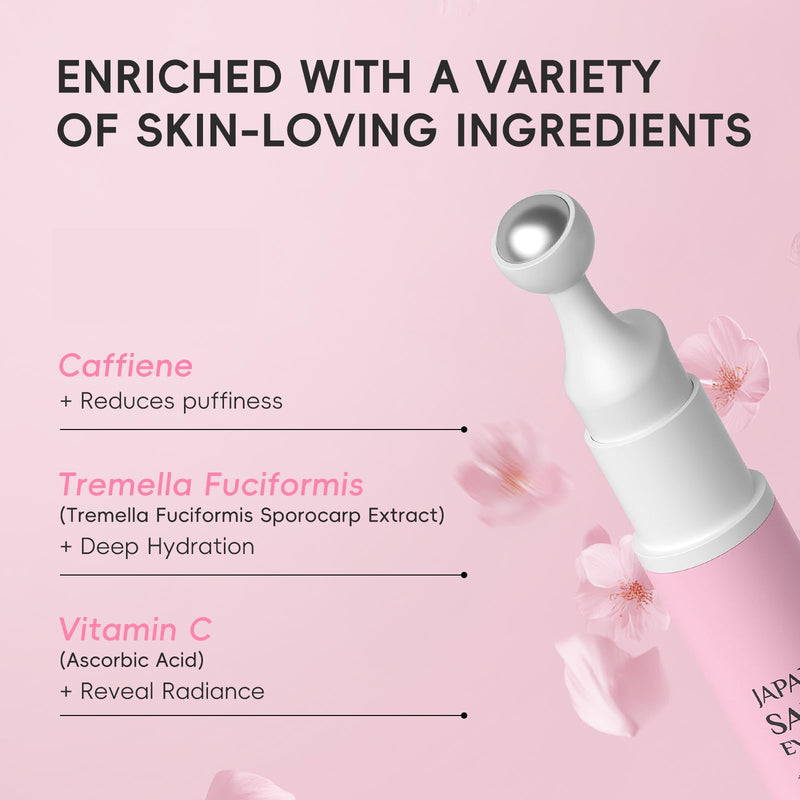 Sakura Eye Cream with 360° Cooling Massage Roller, Deep Hydration Serum with Caffeine+Vitamin C, Under Eye Cream Reduce Wrinkles, Fine Lines, and Bags, Dark Circles Under Eye Treatment, 0.53oz