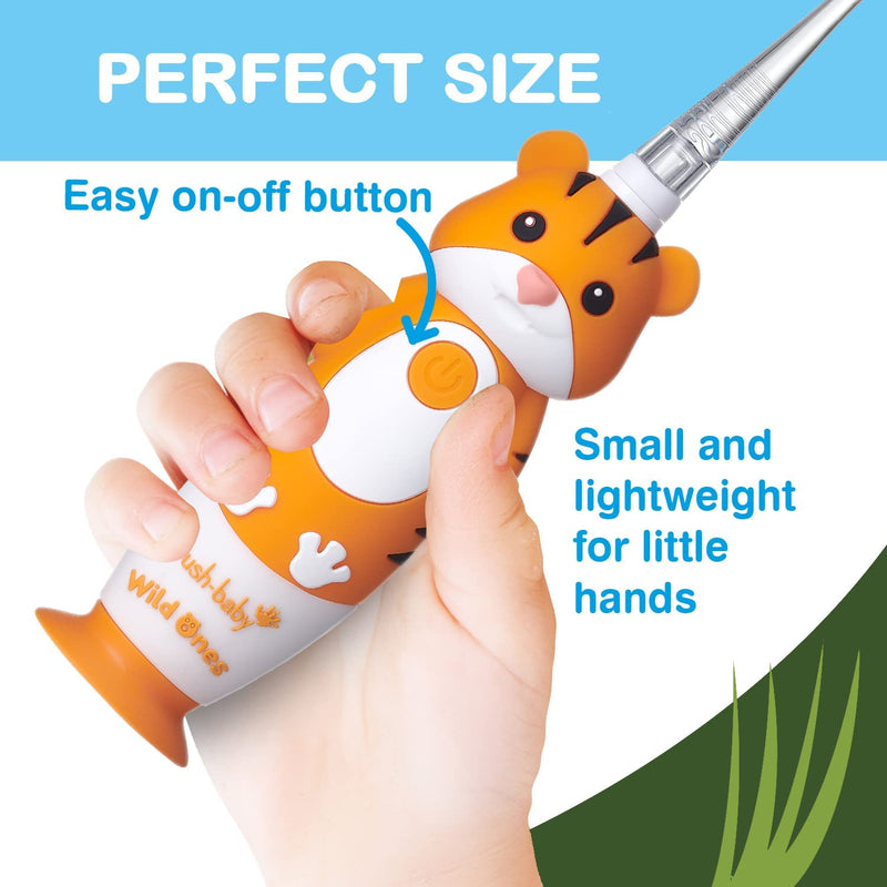 [Australia] - brush-baby WildOnes Kids Electric Rechargeable Toothbrush TIGER, 1 Handle, 3 Brush Heads, USB Charging Cable, for Ages 0-10 (Tiger) 