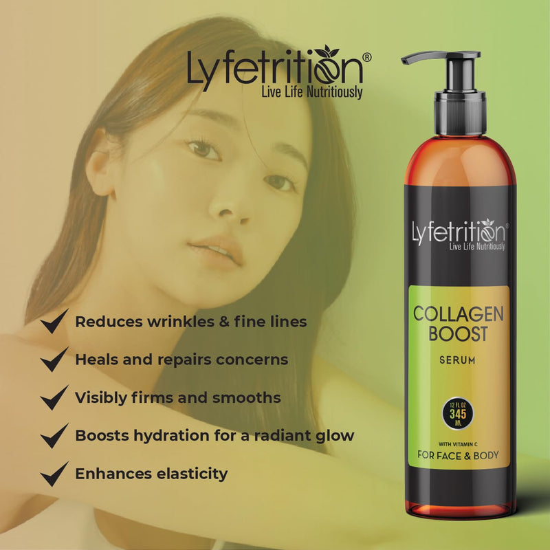 Lyfetrition Collagen Boost Face Serum Enriched With Vitamin C, Hyaluronic Acid & Jojoba Oil, Reduces Wrinkles, Heals, And Repairs Skin, Facial Serum For Visibly Firm And Smooth Skin, 12 Oz