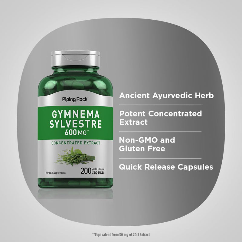 [Australia] - Piping Rock Gymnema Sylvestre Supplements 600 mg | 200 Capsules | Concentrated Herbal Extract | Non-GMO and Gluten Free 