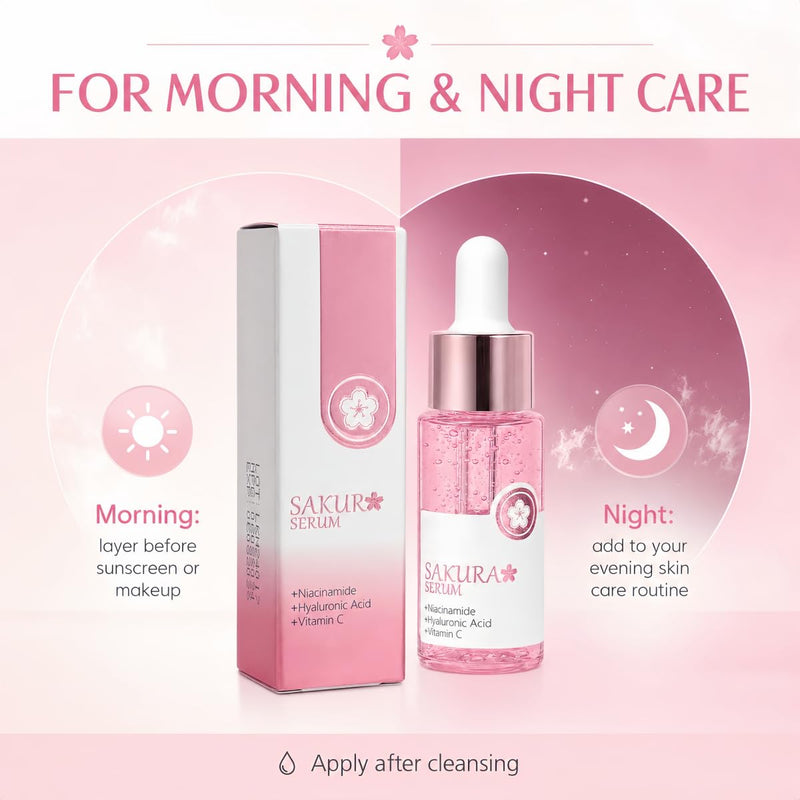 Sakura Face Serum 2 PCS, Hydrating Facial Serum with Niacinamide, Hyaluronic Acid and Vitamin C, Lightweight Moisturizing Serum for Face and Neck, Non-Greasy Daily Skin Care Drops, 2 x 17ml