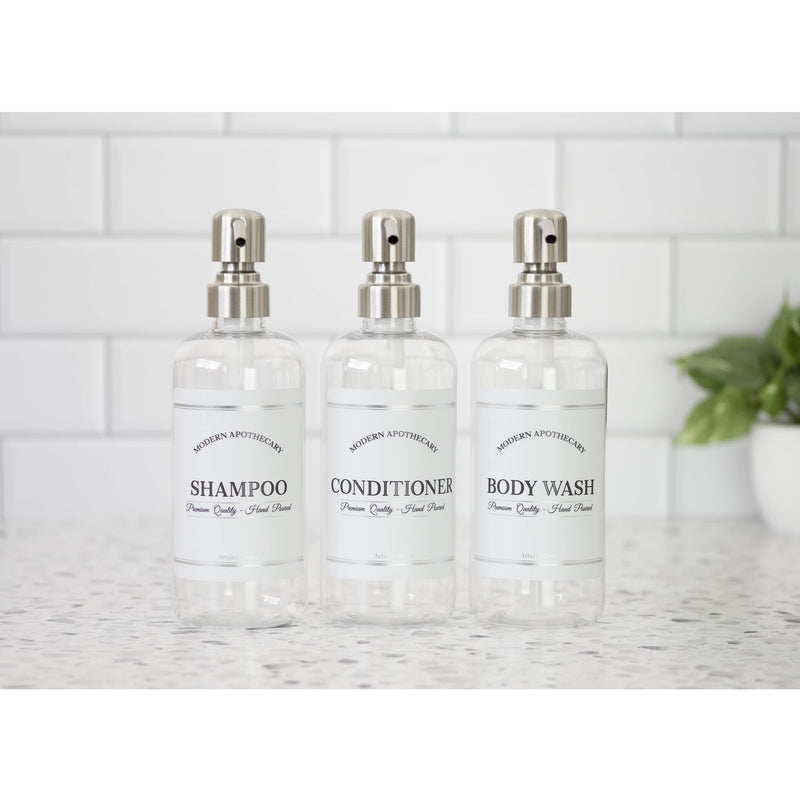 Clear Refillable Shampoo and Conditioner Bottles - Body Wash, Shampoo and Conditioner Dispenser - PET Plastic Shampoo Bottles Refillable with Pump - Waterproof Labels - 16 oz, 3 Pack (Stainless Steel) Stainless Steel Pumps