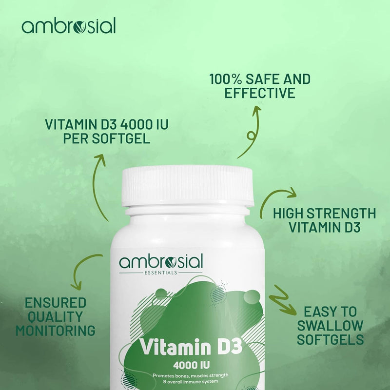 Ambrosial Vitamin D3 4000 IU (100 mcg) Softgel - High Strength Vitamin D Supplement | Gluten Free | Supports Immune System, Healthy Bones & Teeth | Vitamin D 4000iu | Pack of 1-120 Softgels