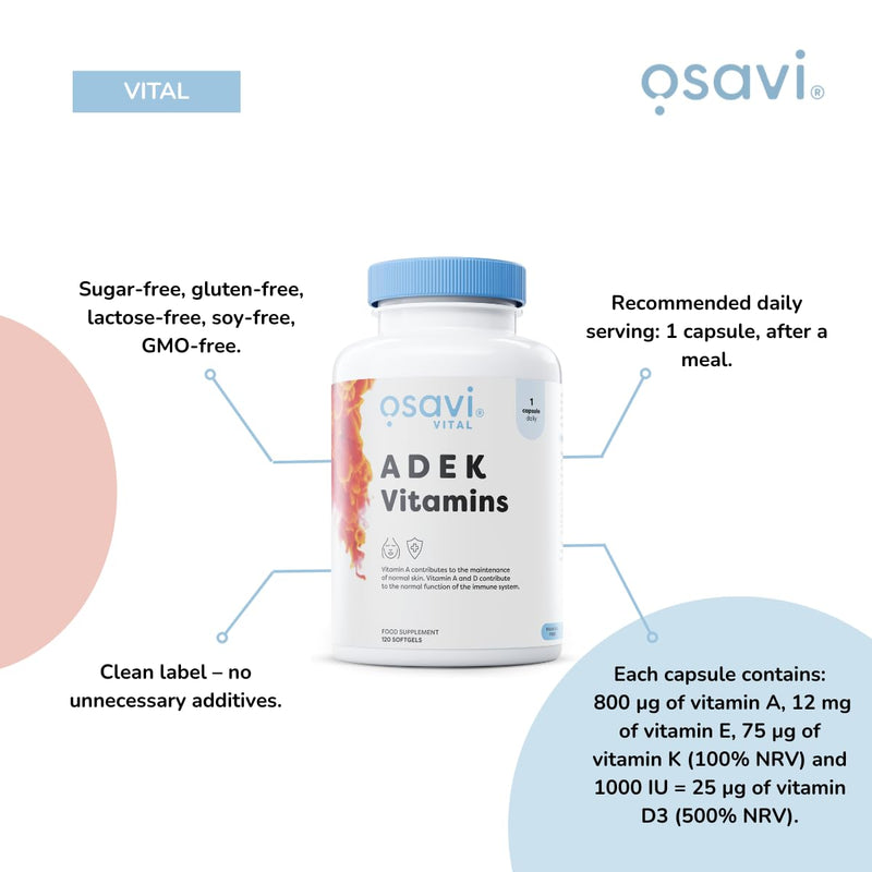 Osavi ADEK Vitamins – 120 Softgels | Supports Immunity, Bones & Skin | Natural Beta–Carotene, D3, E & K2 for Immune Defense, Strong Bones, Healthy Skin, Vision & Muscle Function 120 count (Pack of 1)