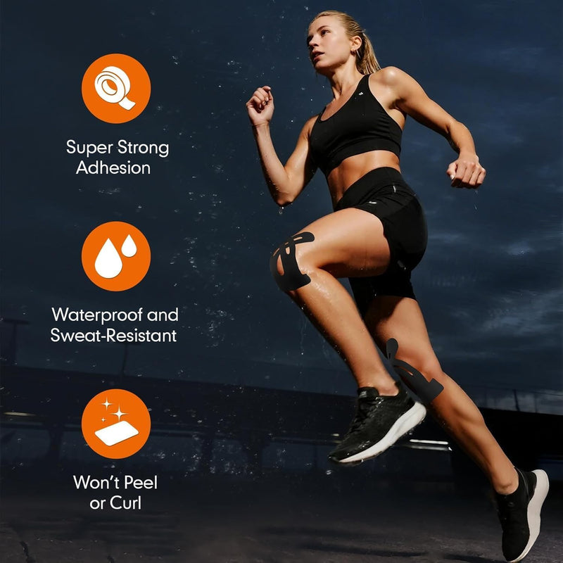 [Australia] - 10 Pcs Precut Kinesiology Tape for Knees - Waterproof and Breathable Knee Tape - Latex-Free and Elastic Athletic Tape for Stability Support and Pain Relief (Black, Standard) Black 
