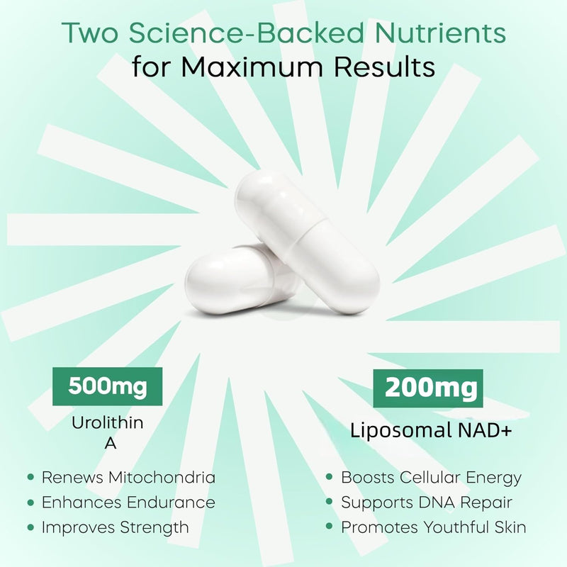 Urolithin A Supplement with NAD+, High Potency Longevity Formula, Mitochondrial Support for Healthy Aging, Energy & Muscle Strength, 120 Capsules - 2 Month Supply