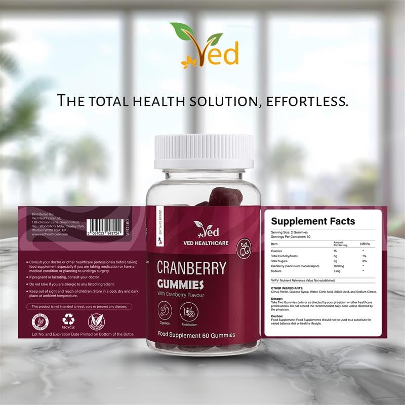 VED Cranberry Supplements for Women – 60 Vegan Cranberry Gummies with High-Strength Cranberry Extract, Natural Flavor – Urinary Tract & Bladder Health Support – 1 Month Supply.