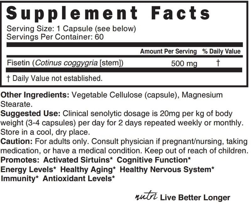 Nutri Fisetin 500mg 60 Count - Clinical Dosage - Fisetin Supplements - Powerful Senolytic Activator, Antioxidant, Heart & Brain Support - Natural Polyphenols - Capsules - 3rd Party Tested for Purity