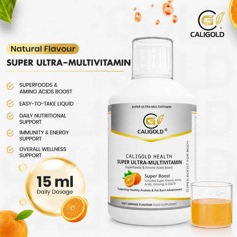 CALIGOLD Health Super Ultra Multivitamins and Minerals - Super Liquid Vitamins Boost Includes Super Greens & Amino Acids in Orange Flavour Daily Supplement