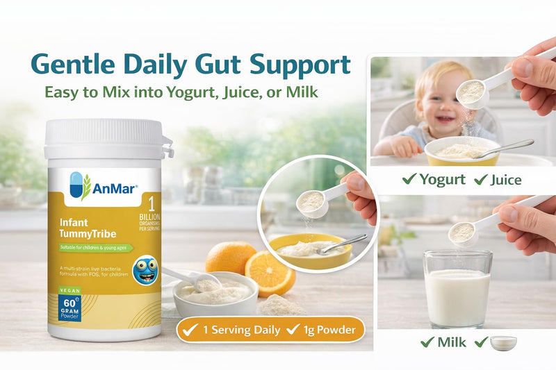 AnMar® Infant TummyTribe Probiotic Powder – Multi-Strain Live Bacteria with FOS – 1 Billion Organisms per Serving – Vegan Children's Probiotic – 60g Powder