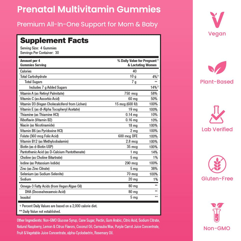 [Australia] - Prenatal Vitamin Gummies with DHA and Folic Acid | Vegan Prenatal Vitamins for Women with Omega 3, Folate & D3, Pregnancy Vitamins for Fetal Development | Gummy Multivitamin Supplement, 120 Count 120 Count (Pack of 1) 