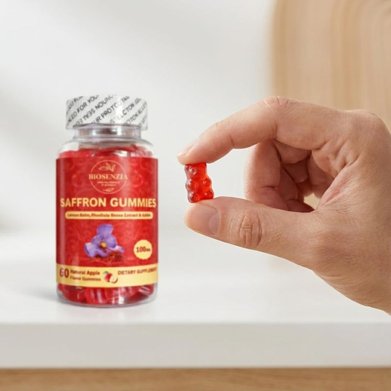 Saffron Flavoured Gummies with Lemon Balm & Rhodiola – Soft Supplement Fruit Gummies – Apple Flavour – Vegetarian – 60 Gummies