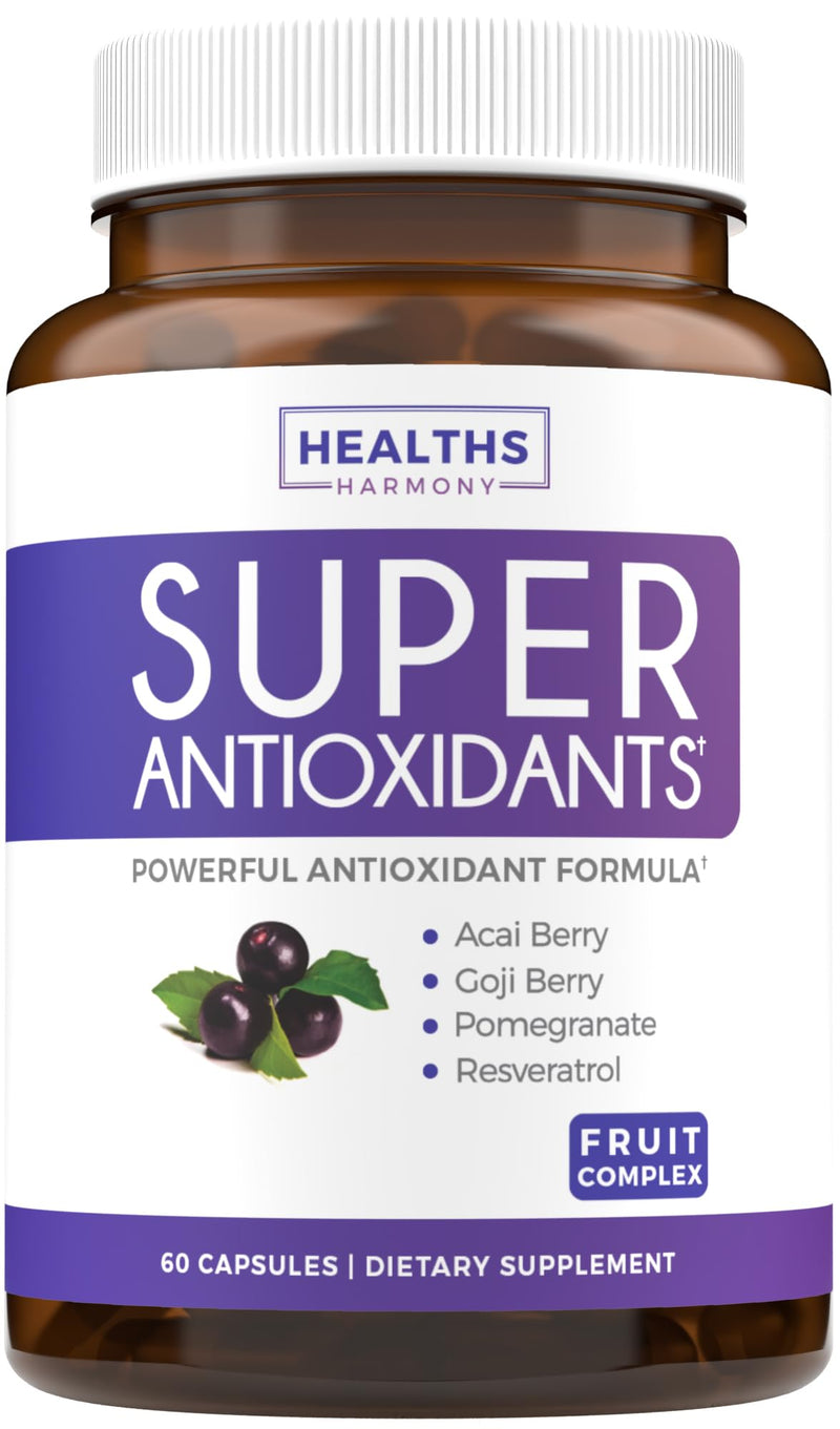 [Australia] - Super Antioxidants Supplement - Powerful Super Food Antioxidant Daily Blend - Acai Berry, Goji, Pomegranate & Trans Resveratrol - Herbal and Fruit Formula For Women and Men - Skin Care - 60 Capsules 60 Count (Pack of 1) 