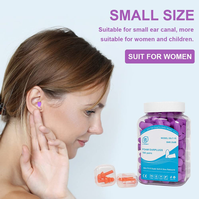 [Australia] - LYSIAN Slim Size Foam Ear Plugs for Small Ear Canals Women, Kids, 100 Pairs, 35dB SNR Noise Canceling Earplugs for Sleeping, Work and Study (Purple) Purple 