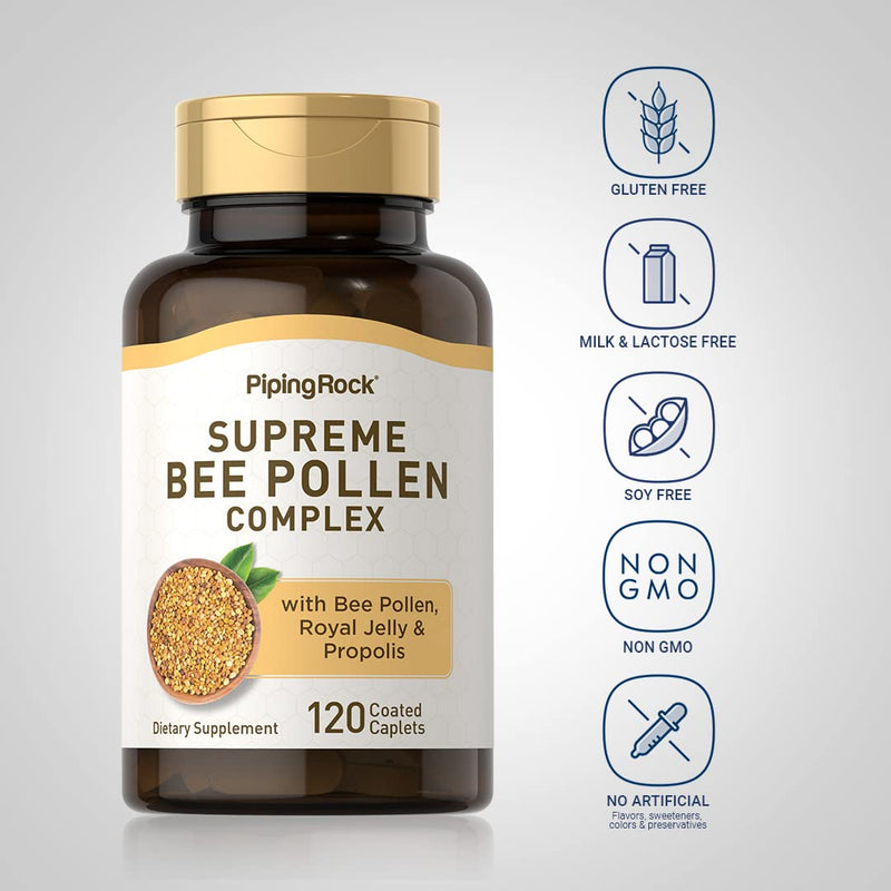 [Australia] - Piping Rock Bee Pollen with Royal Jelly and Propolis | 120 Caplets | Complex Supplement for Women and Men | Non-GMO, Gluten Free 120 Count (Pack of 1) 