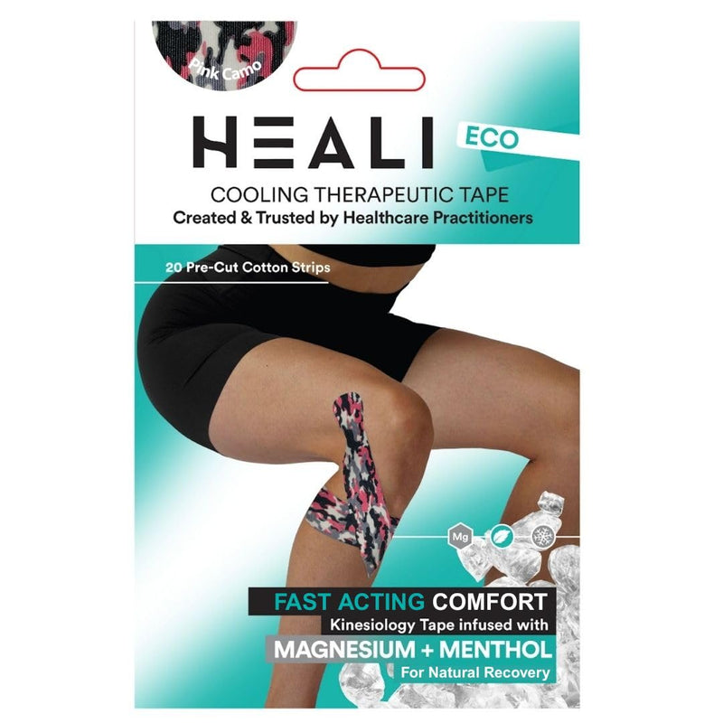 Heali Kinesiology Tape with Magnesium and Menthol, 20 Pcs Precut Strips, K Tape Roll, Knees, Sports Tape, Water Resistant - Eco - Pink Camo 1-Pack