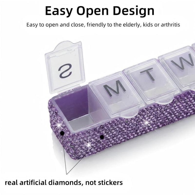 Weekly Pill Organizer 7 Day Small Pill Case Medicine Holder Daily Pill Box Bling Vitamin Container Medication Cases Organizers(Purple) Purple