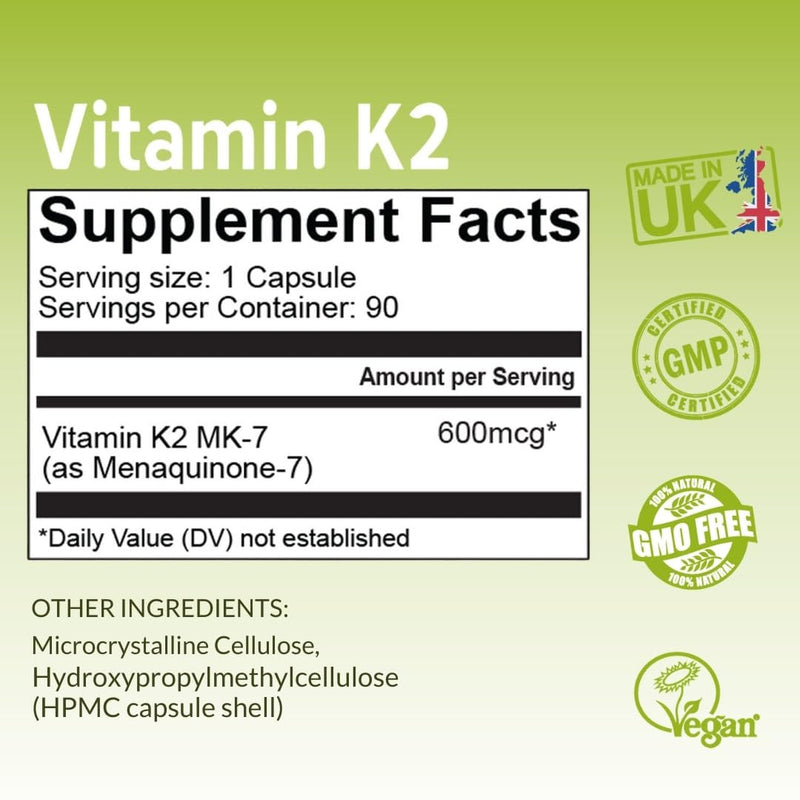 [Australia] - NutriZing K2 Vitamin Supplement MK-7 - High Strength 600mcg - Supports Bone & Arterial Health - 90 Vegan Capsules - Vitamin K2 for Men & Women - 3 Month Supply 