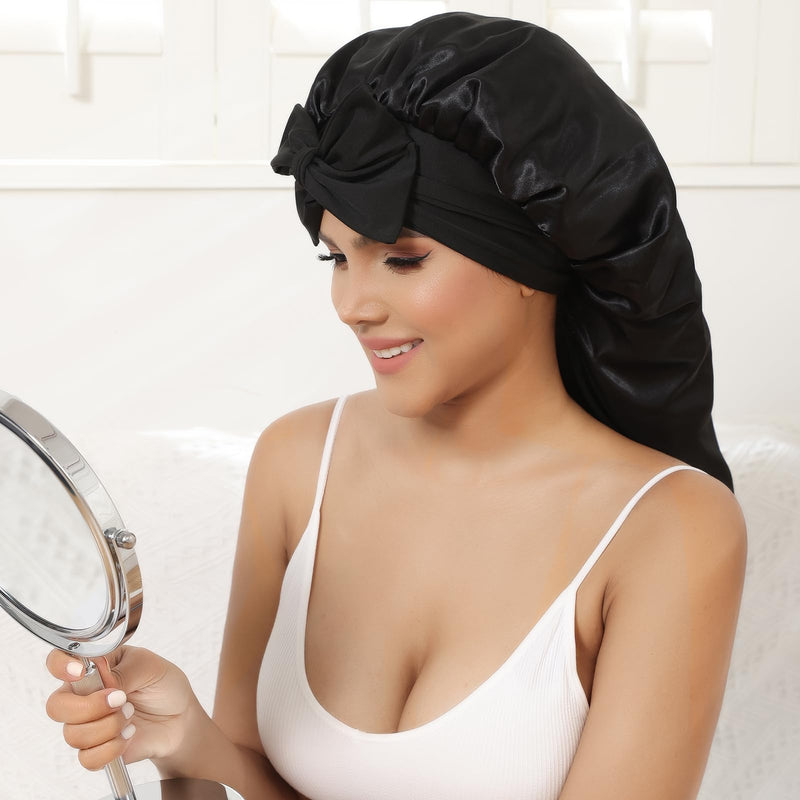 [Australia] - AWAYTR Long Satin Bonnet for Women - Double Layer Elastic Silk Bonnet for Braids Hair Sleeping Cap with Tie Band (Black) One Size Black 