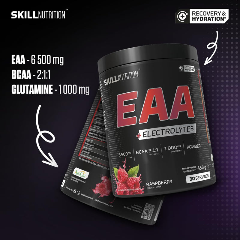 Skill Nutrition EAA + Electrolytes - Raspberry Flavour | 6.5 g EAA per Serving | BCAA 2:1:1, 1000 mg L-Glutamine, Electrolytes & AstraGin® | Powder Supplement | 450 g