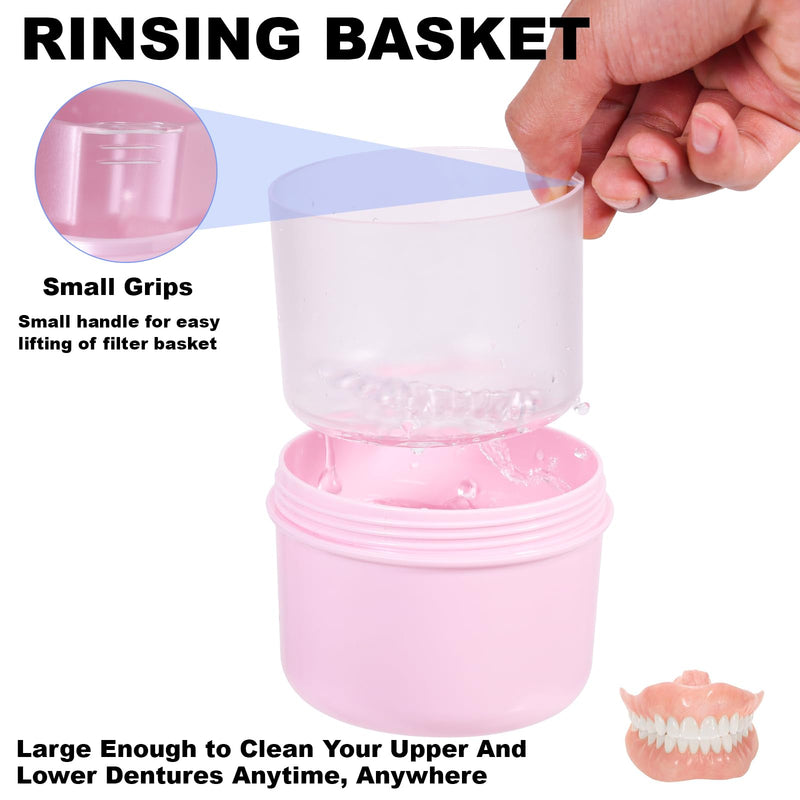 Denture Case, Leak Proof Denture Bath Cup for Travel, Denture Container Cups for Soaking Full & Partial Dentures, Retainers, Denture Cleaning Kit Holder Box with Denture Cleaner Brush-Pink Pink