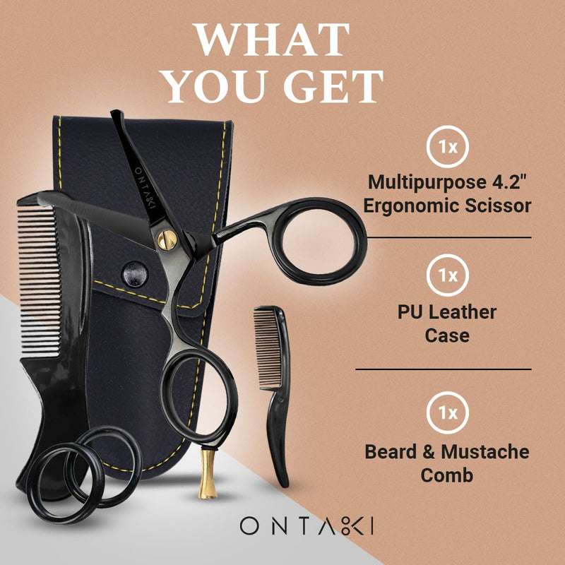 Ontaki Mustache Scissors - 4.2" Black Japanese Steel - Beard & Nose Hair Trimming Scissors for Men - Rounded Tip Ergonomic Handles - Hand-Forged Mustache Grooming Kit Black 4.2"