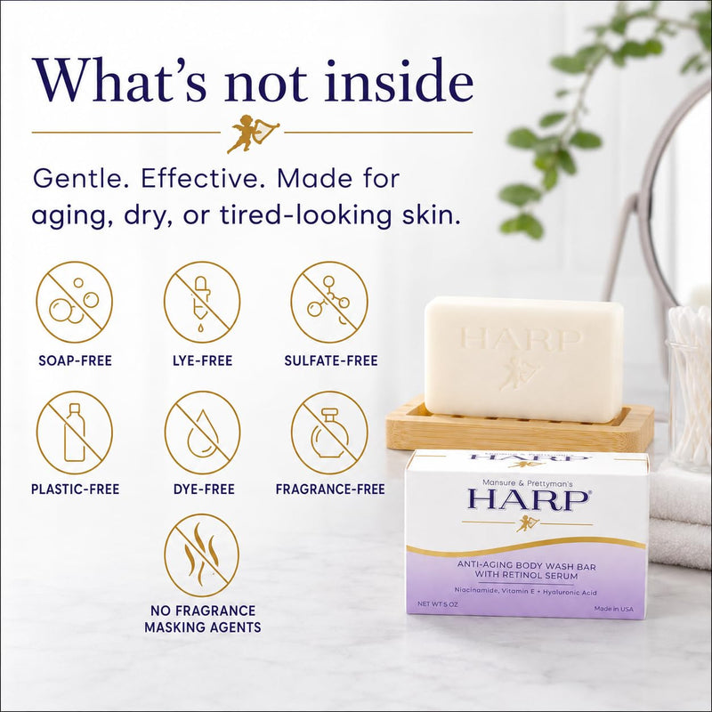HARP® Anti-Aging Body Wash Bar with Retinol – pH Balanced Syndet Cleanser, Fragrance Free, Soap-Free & No Lye, Non-Comedogenic, With Niacinamide, Hyaluronic Acid & Vitamin E, 3-5oz Bars. Anti-Aging - Fragrance Free 3 Bars