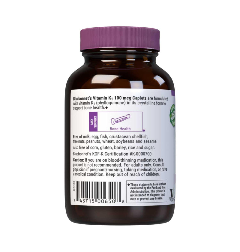 BlueBonnet Nutrition Vitamin K1 100 mcg, Caplets | Non-GMO, Vegan, Kosher Certified, Gluten-Free, Dairy-Free 100 Count (Pack of 2)